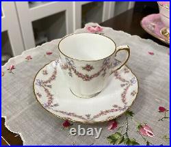 Antique HAVILAND LIMOGES Demitasse Cup Saucer Pink Rose Swags Blue Ribbons Bows