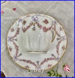 Antique HAVILAND LIMOGES Demitasse Cup Saucer Pink Rose Swags Blue Ribbons Bows