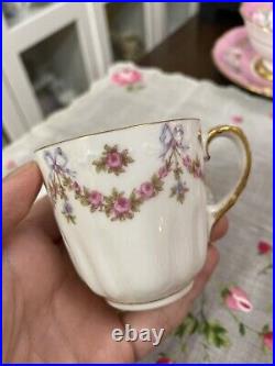 Antique HAVILAND LIMOGES Demitasse Cup Saucer Pink Rose Swags Blue Ribbons Bows