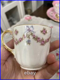 Antique HAVILAND LIMOGES Demitasse Cup Saucer Pink Rose Swags Blue Ribbons Bows