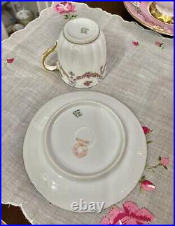 Antique HAVILAND LIMOGES Demitasse Cup Saucer Pink Rose Swags Blue Ribbons Bows