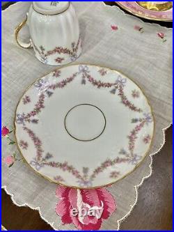 Antique HAVILAND LIMOGES Demitasse Cup Saucer Pink Rose Swags Blue Ribbons Bows