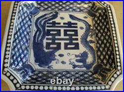 Antique Heavy Chinese Blue & white plate With Dragon & Butterfly square Signed