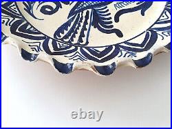 Antique Heavy & Solid Blue & White Glazed Pottery Wall Dish Plate