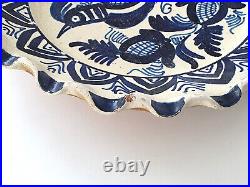 Antique Heavy & Solid Blue & White Glazed Pottery Wall Dish Plate