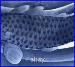 Antique Hirado Japanese Blue and White Koi Fish Plate Hand Painted 21cm wide