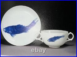 Antique Hirado Japanese Blue and White Koi Fish Plate Hand Painted 21cm wide