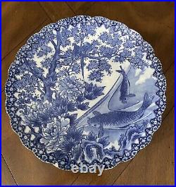 Antique Imari Japan 12.25 Diameter Koi Fish & Birds Blue White Plate