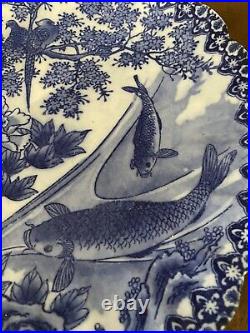 Antique Imari Japan 12.25 Diameter Koi Fish & Birds Blue White Plate