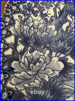 Antique Imari Japan 12.25 Diameter Koi Fish & Birds Blue White Plate