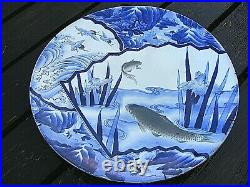 Antique Japanese Arita Blue & White Charger Koi Carp Fish Signed 18