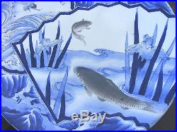 Antique Japanese Arita Blue & White Charger Koi Carp Fish Signed 18