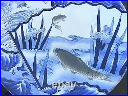 Antique Japanese Arita Blue & White Charger Koi Carp Fish Signed 18