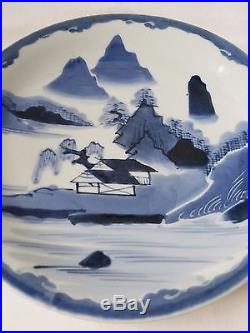 Antique Japanese Blue and White Large Plate with Mountains and Village