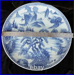 Antique Japanese Meiji Artista Blue & White LARGE Porcelain Charger 18 5/8