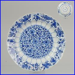Antique Kangxi 18C Blue white Dish Lotus Qing Chinese Porcelain Marked F