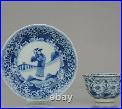 Antique Kangxi Period Blue and white Figural Tea Bowl flower Chinese China Po