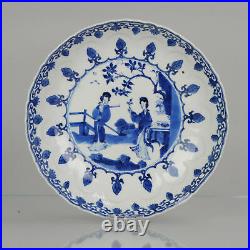 Antique Kangxi Period Chinese Porcelain Blue and White Figural Plate Mar