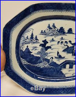 Antique Large 19 Inch Chinese Export Canton Tray Platter BLue and White