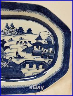 Antique Large 19 Inch Chinese Export Canton Tray Platter BLue and White