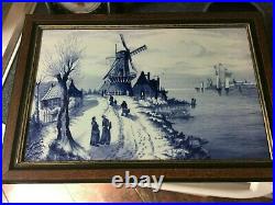 Antique Large Wood Framed German Delft Solid Tile Plaque Cobalt Blue & White