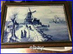 Antique Large Wood Framed German Delft Solid Tile Plaque Cobalt Blue & White