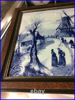 Antique Large Wood Framed German Delft Solid Tile Plaque Cobalt Blue & White