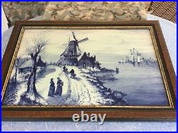 Antique Large Wood Framed German Delft Solid Tile Plaque Cobalt Blue & White