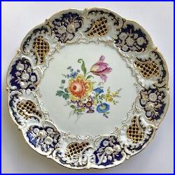 Antique MEISSEN Decorative Porcelain Plate Flowers Royal Blue Gold Trim 11.5 in