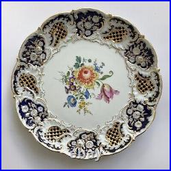 Antique MEISSEN Decorative Porcelain Plate Flowers Royal Blue Gold Trim 11.5 in