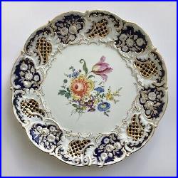 Antique MEISSEN Decorative Porcelain Plate Flowers Royal Blue Gold Trim 11.5 in