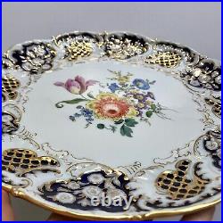 Antique MEISSEN Decorative Porcelain Plate Flowers Royal Blue Gold Trim 11.5 in