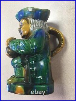 Antique Majolica-Type Pottery English Blue & Mustard Toby Pitcher Jug