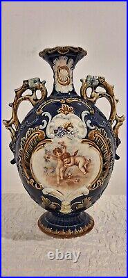 Antique Majolica Vase Two Handles Beautiful Cherub Scene Blue White Gold 2 Small