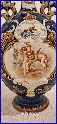 Antique Majolica Vase Two Handles Beautiful Cherub Scene Blue White Gold 2 Small