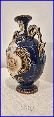Antique Majolica Vase Two Handles Beautiful Cherub Scene Blue White Gold 2 Small