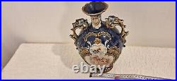 Antique Majolica Vase Two Handles Beautiful Cherub Scene Blue White Gold 2 Small
