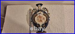Antique Majolica Vase Two Handles Beautiful Cherub Scene Blue White Gold 2 Small