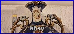 Antique Majolica Vase Two Handles Beautiful Cherub Scene Blue White Gold 2 Small
