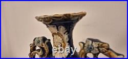 Antique Majolica Vase Two Handles Beautiful Cherub Scene Blue White Gold 2 Small