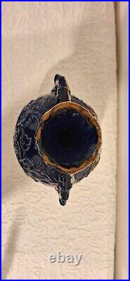 Antique Majolica Vase Two Handles Beautiful Cherub Scene Blue White Gold 2 Small