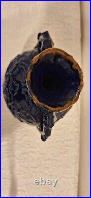Antique Majolica Vase Two Handles Beautiful Cherub Scene Blue White Gold 2 Small