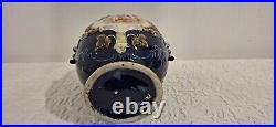 Antique Majolica Vase Two Handles Beautiful Cherub Scene Blue White Gold 2 Small