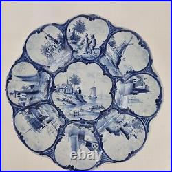 Antique Makkum Delft Pottery Blue & White Charger With Ship Landscape 29.7cm