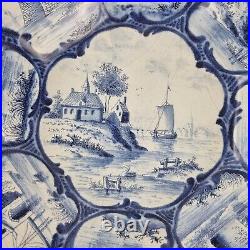 Antique Makkum Delft Pottery Blue & White Charger With Ship Landscape 29.7cm