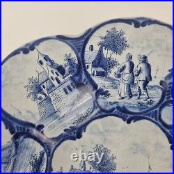 Antique Makkum Delft Pottery Blue & White Charger With Ship Landscape 29.7cm