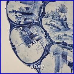 Antique Makkum Delft Pottery Blue & White Charger With Ship Landscape 29.7cm