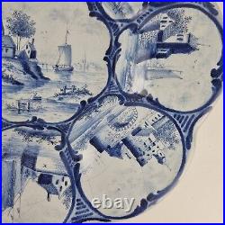 Antique Makkum Delft Pottery Blue & White Charger With Ship Landscape 29.7cm