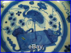 Antique Ming Chinese hand painted blue white porcelain plate signed 8