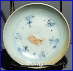 Antique Ming Dynasty Blue White Porcelain Red Fish Hole Bottom Dish Saucer 12cm